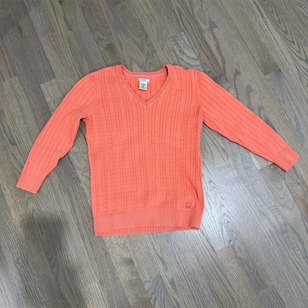 IZOD Sweater Womens Small Orange Cable Knit V-Neck Pullover Preppy